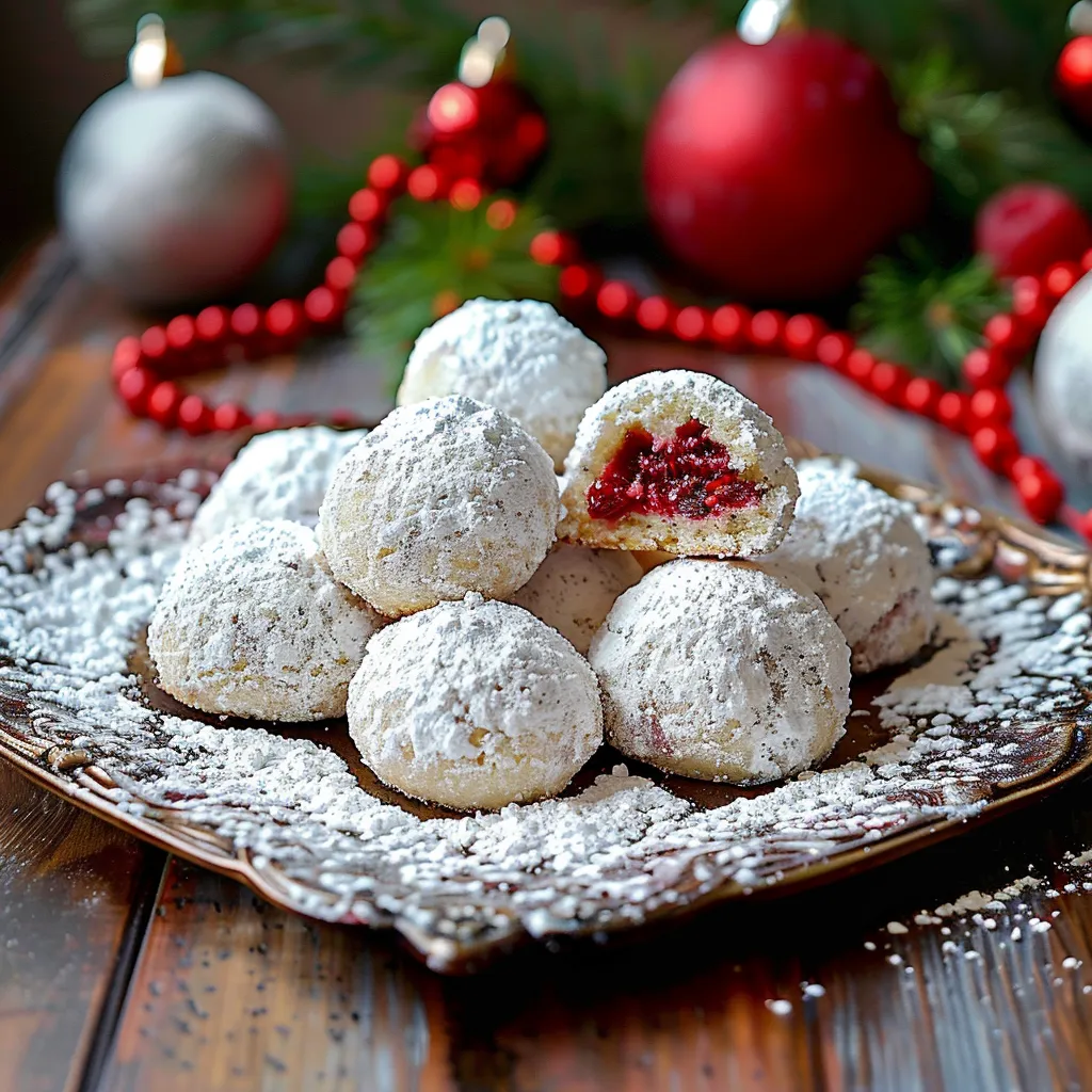 A plate of powdered sugar covered cookies with a red berry in the center.