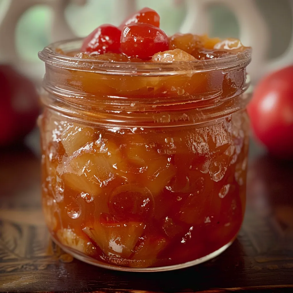 A jar of fruit with a red cherry on top.