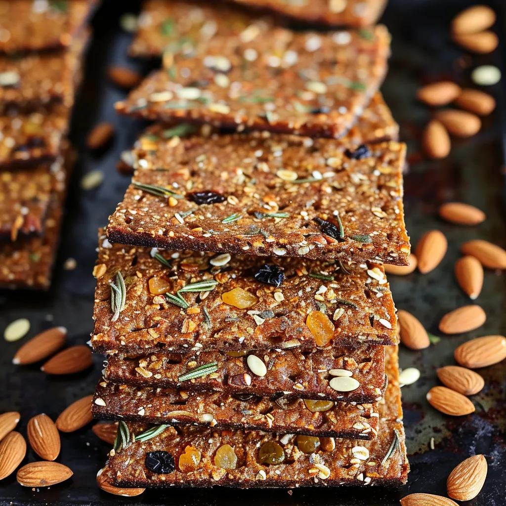 A stack of toast with almonds and raisins.