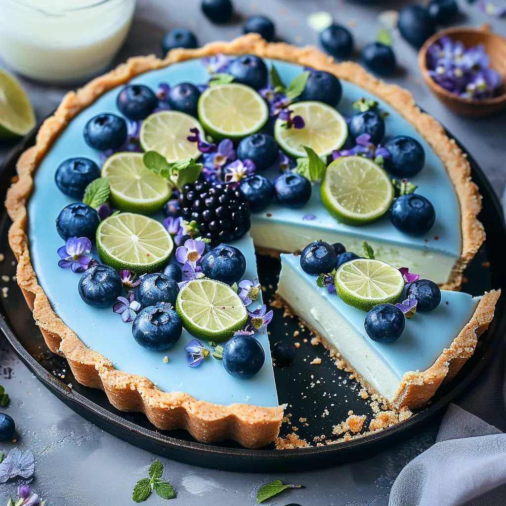 Lime tart slice topped with a blue layer and lime wedges.