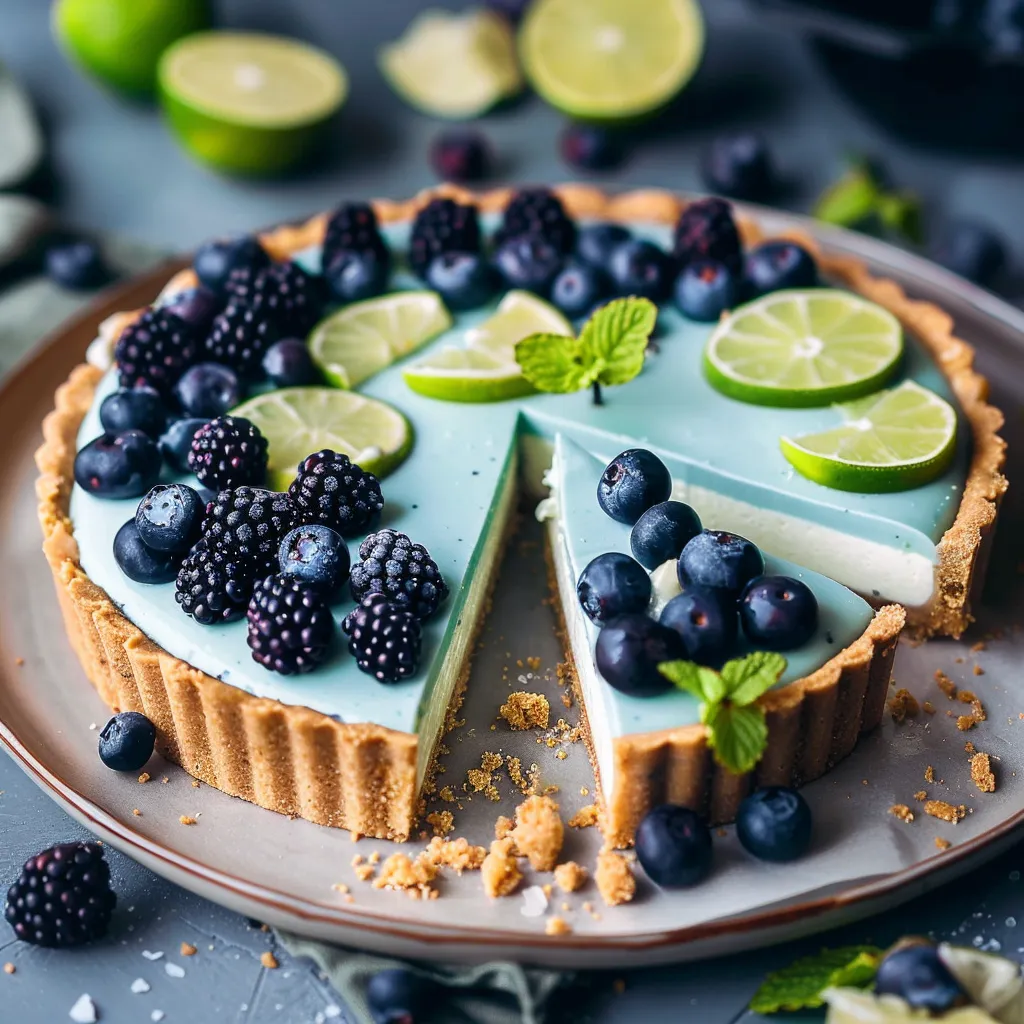 A slice of blueberry cheesecake with lime wedges on top.