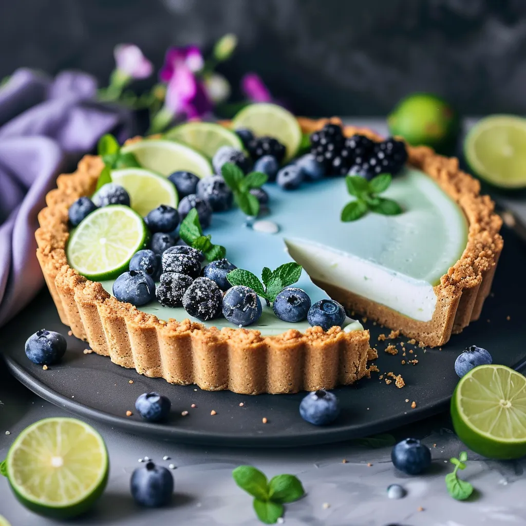 A slice of blueberry cheesecake with blueberries and limes.