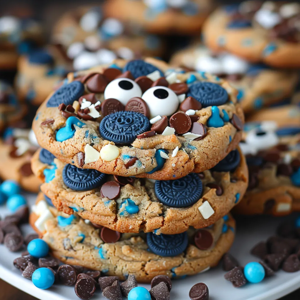 A stack of cookies with Oreo and chocolate chips.