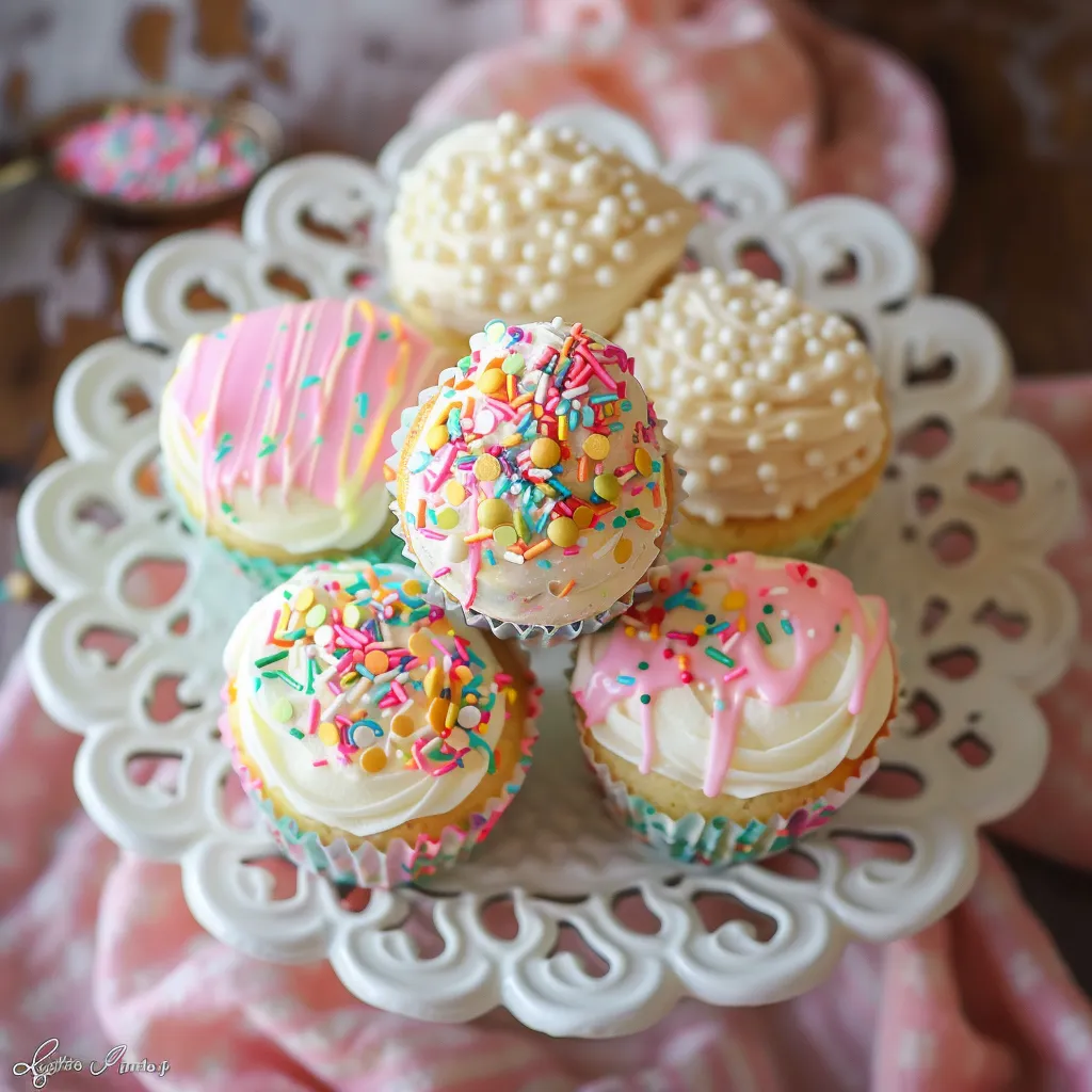 A plate of cupcakes with sprinkles.