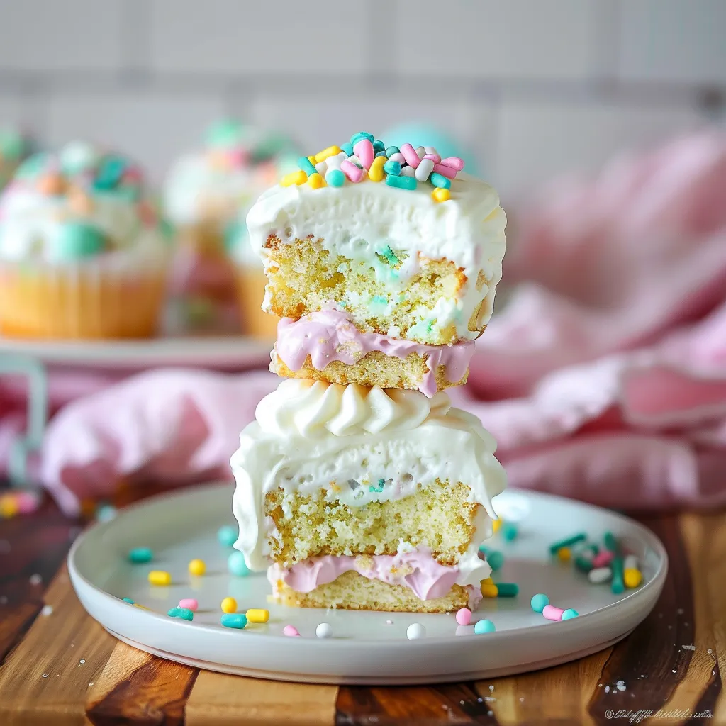 A stack of cupcakes with white frosting and sprinkles.