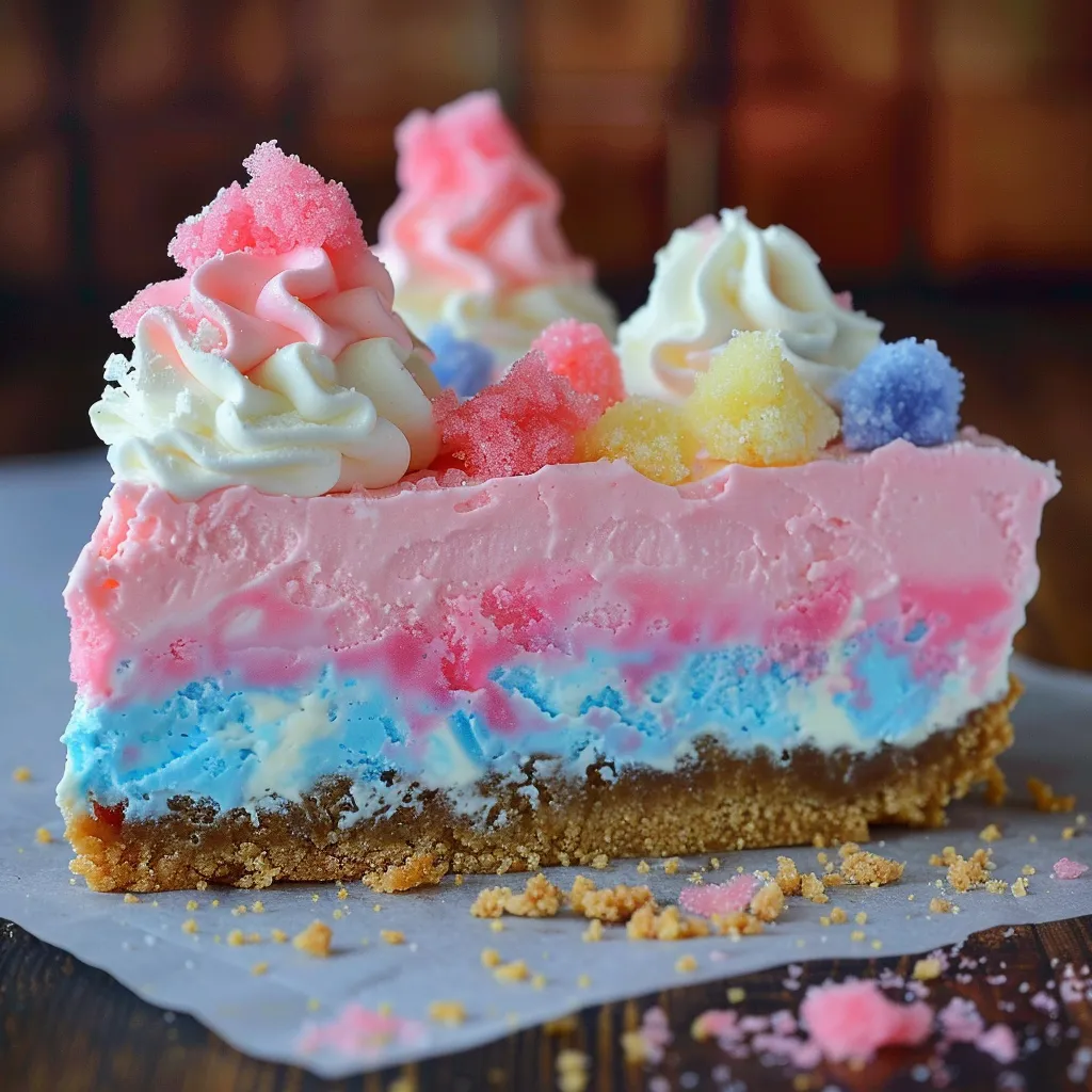 A colorful cheesecake slice with layers of pink, blue, yellow, and white.