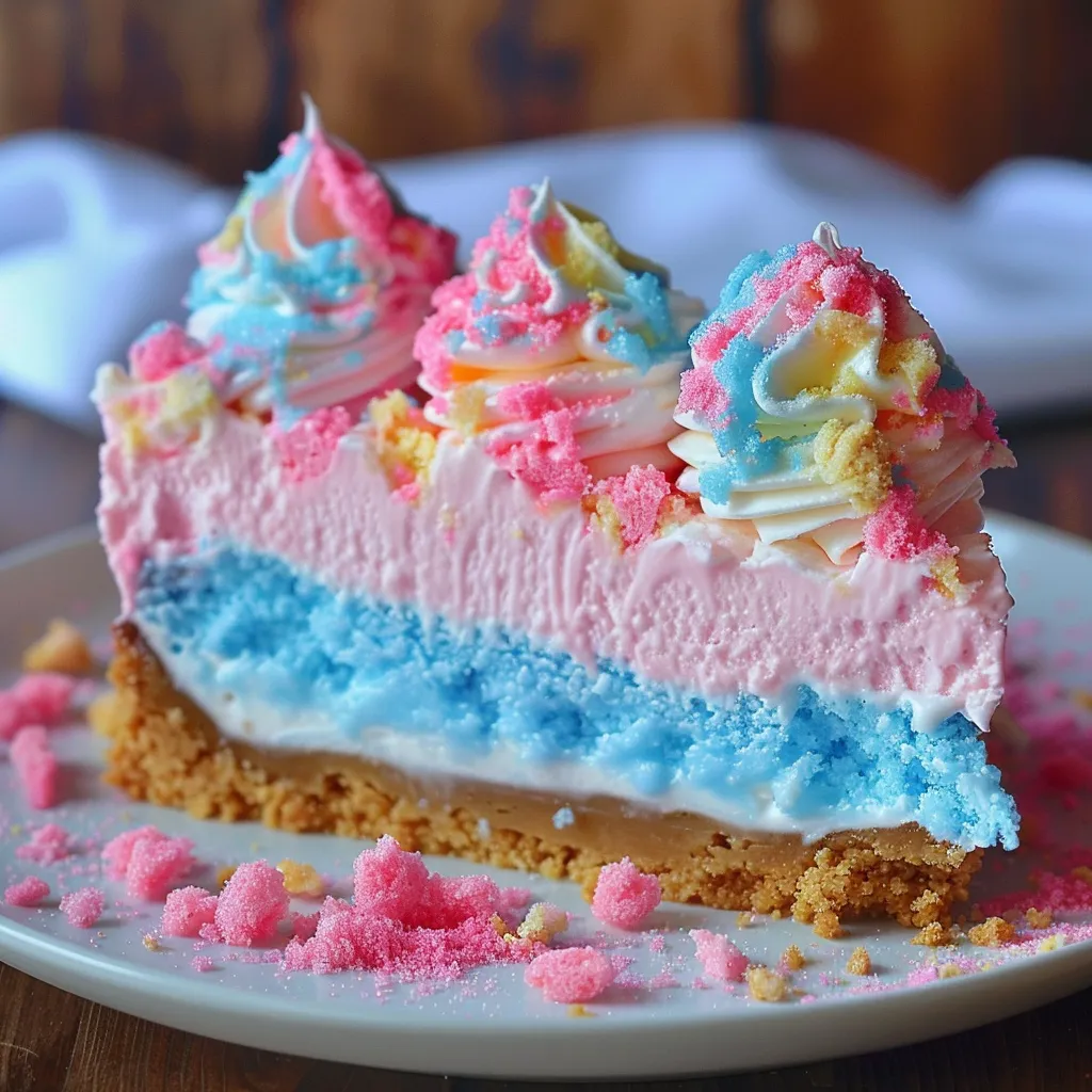 A slice of cake with pink, blue and yellow frosting.