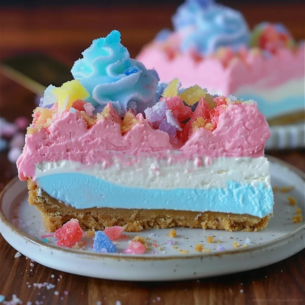 A slice of pie with a blue and pink frosting.