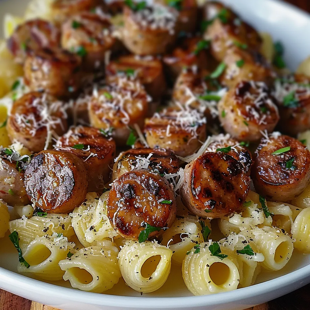 A plate of pasta with sausage and cheese.