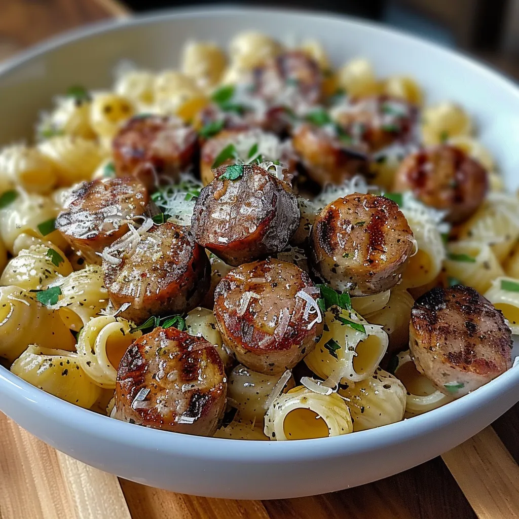 A bowl of pasta with sausage and cheese.