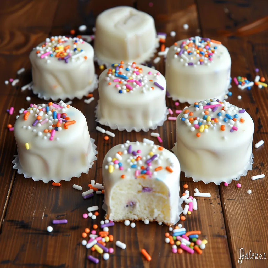 A plate of white cake with sprinkles.