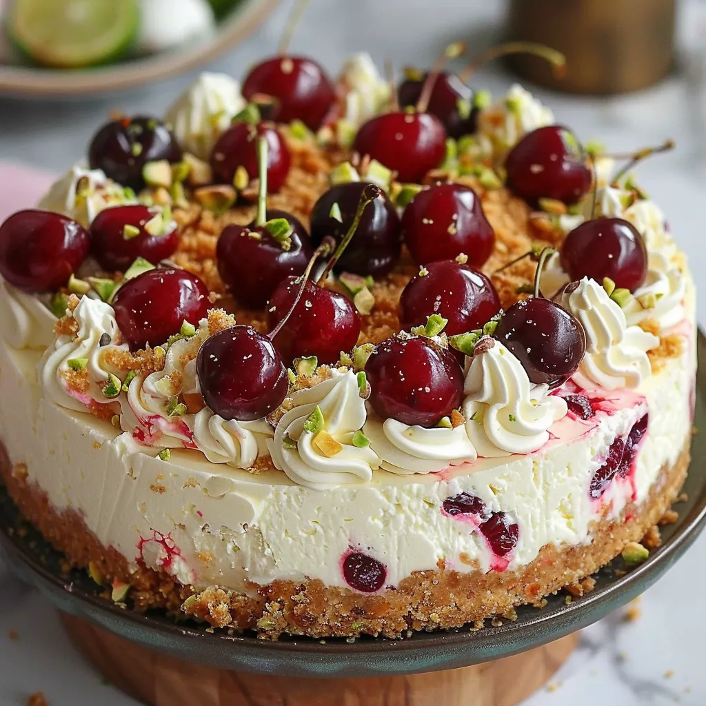 A cake with cherries and whipped cream on top.
