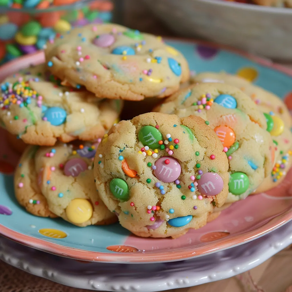A plate of cookies with M & M Cookies on top.