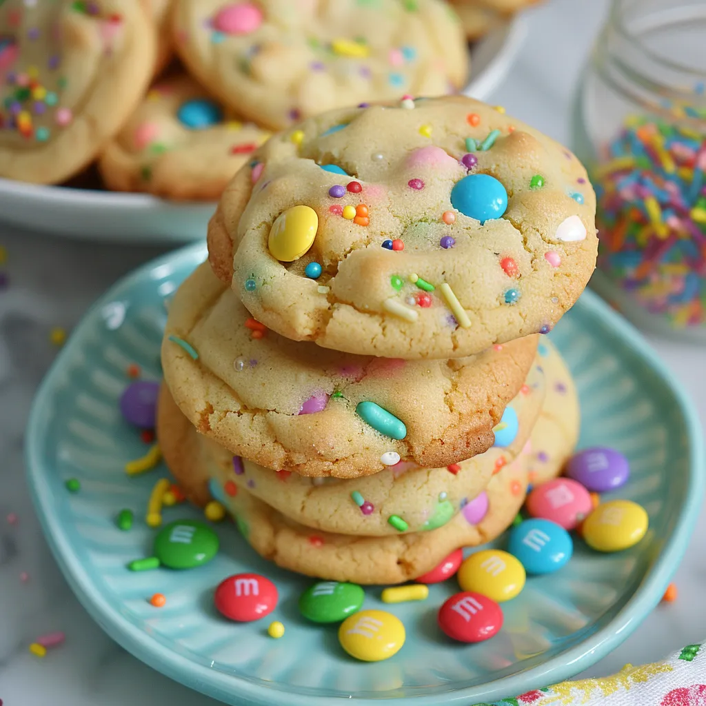 A plate of colorful cookies with M & M .