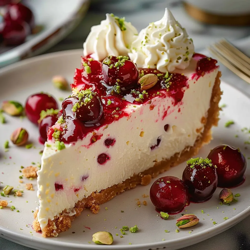 A slice of cheesecake with cherries on top.