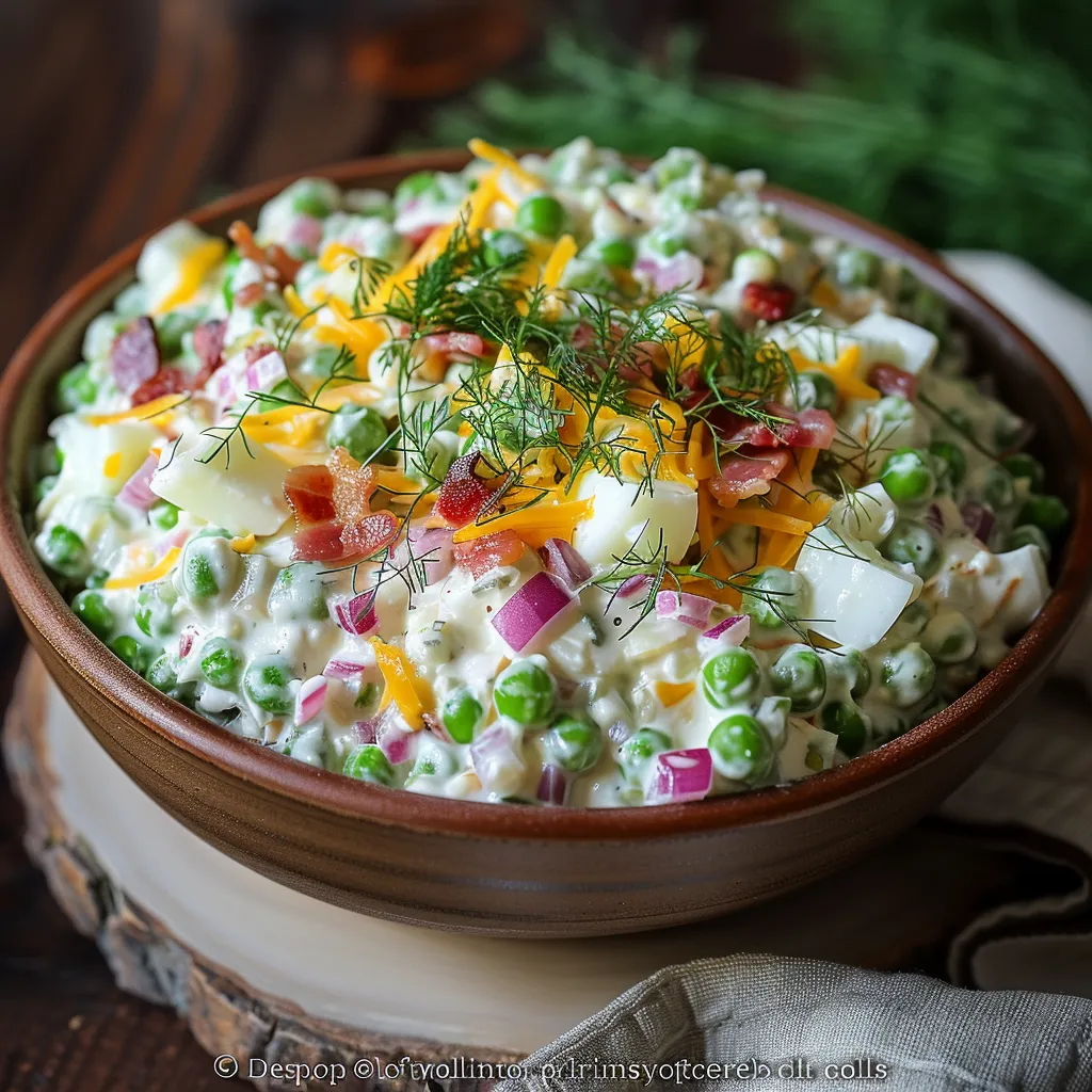 A bowl of food with cheese, peas, and bacon.