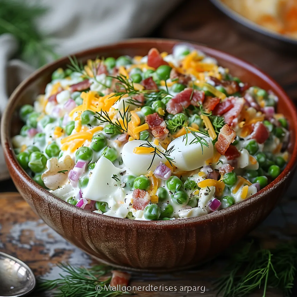 A bowl of food with peas, eggs, and bacon.