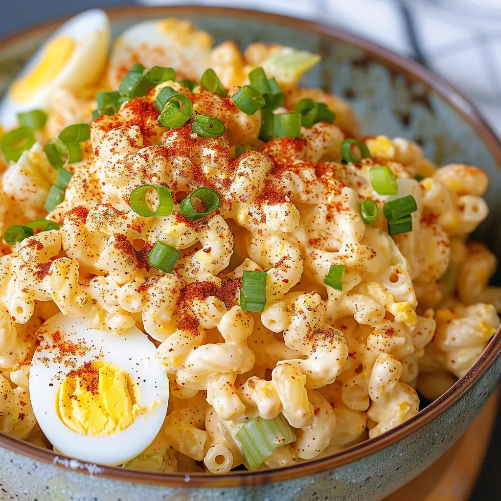 A bowl of macaroni and cheese with a fried egg on top.