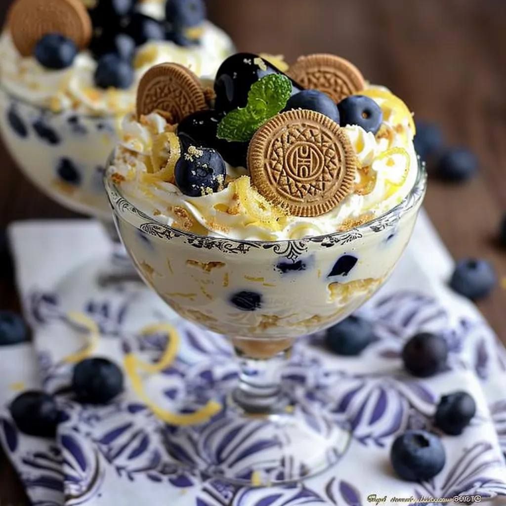 A glass of ice cream with cookies and blueberries.