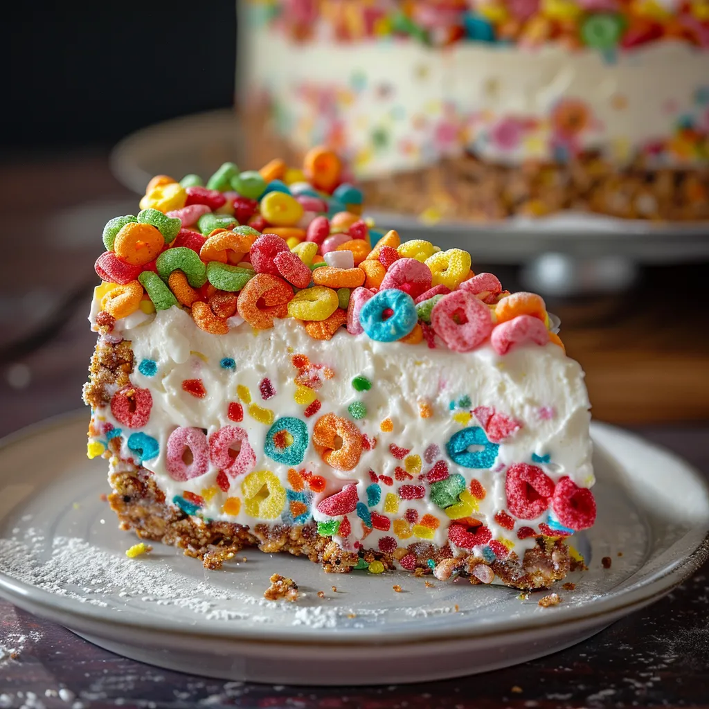 A slice of cake with colorful cereal topping.