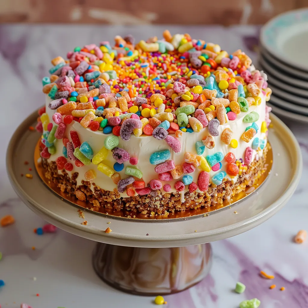 A cake with rainbow colored sprinkles on top.