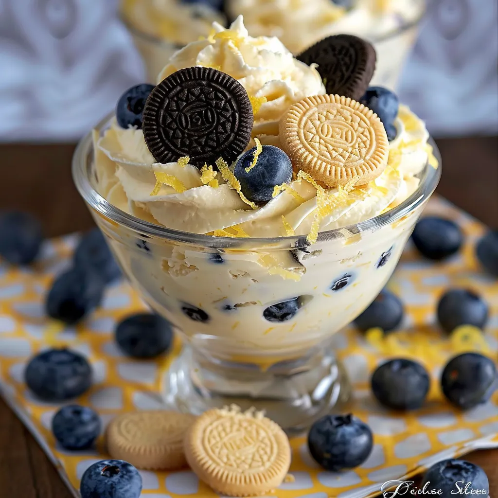 A glass of ice cream with cookies and blueberries.