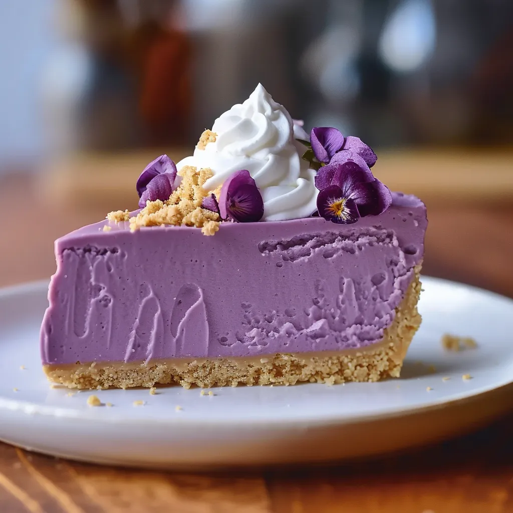 A purple slice with creamy topping and whipped garnish.