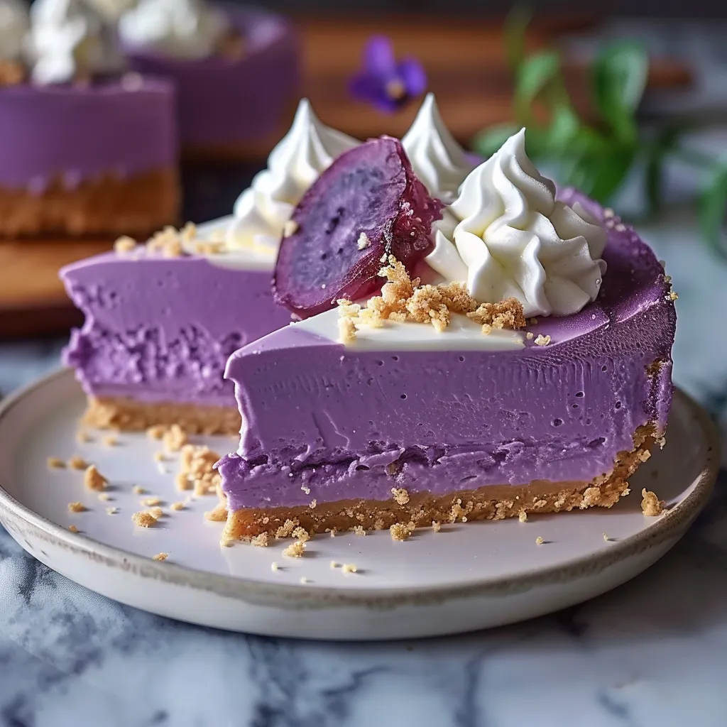 A slice of purple pie with white whipped cream on top.