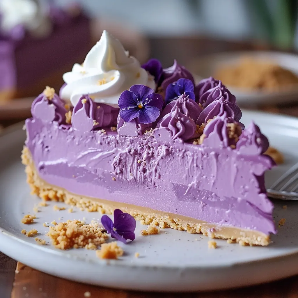 A slice of pie with purple icing and white whipped cream.