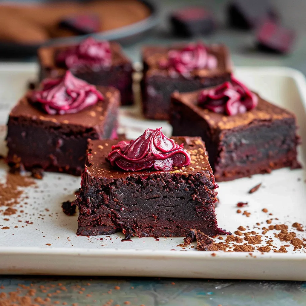 A plate of chocolate cake with raspberry topping.