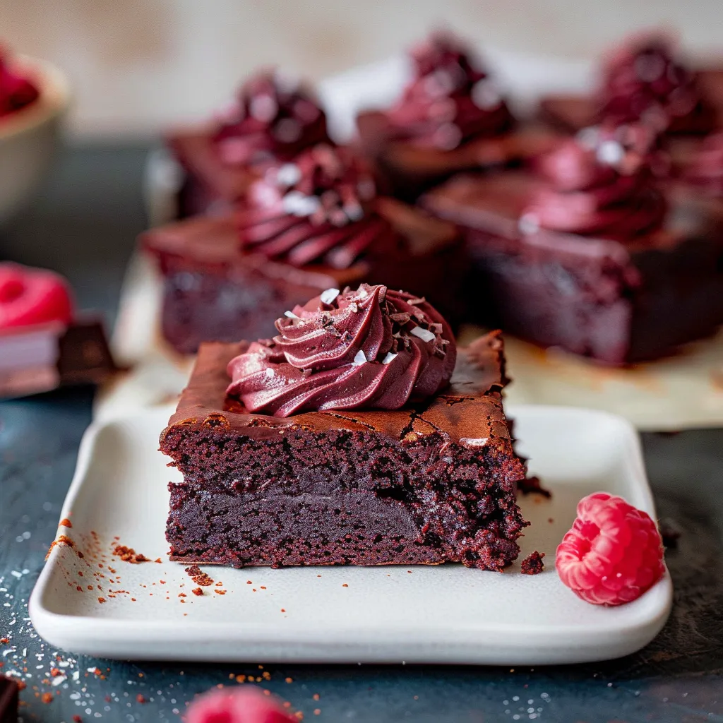 A chocolate brownie topped with raspberries on a plate.