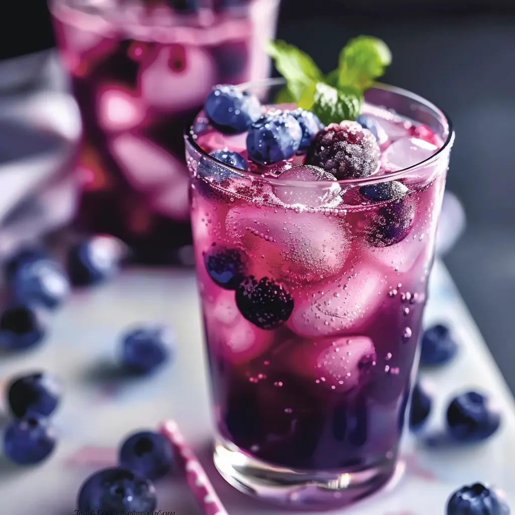 A tall glass filled with fizzy blueberry soda and fresh berries.