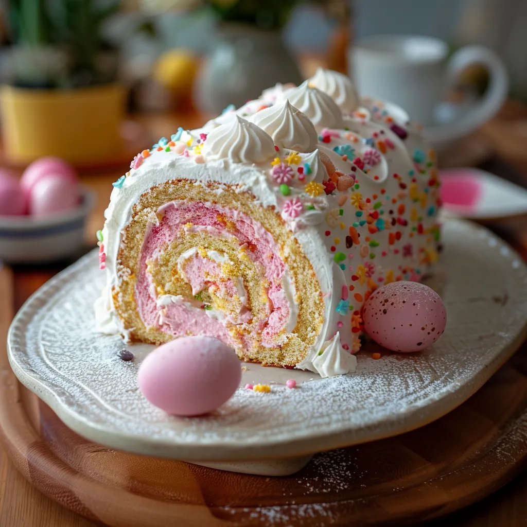 A colorful cake roll with cream and decorations on a plate.