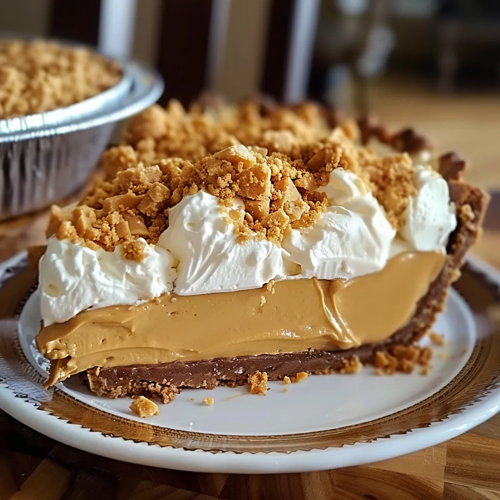 A slice of peanut butter pie topped with a layer of whipped cream.