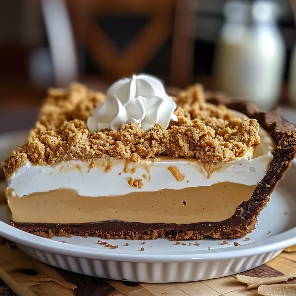 A slice of pie with whipped cream on top.
