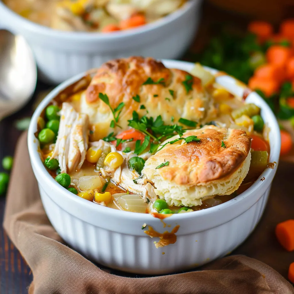 A bowl of soup with a biscuit on top.