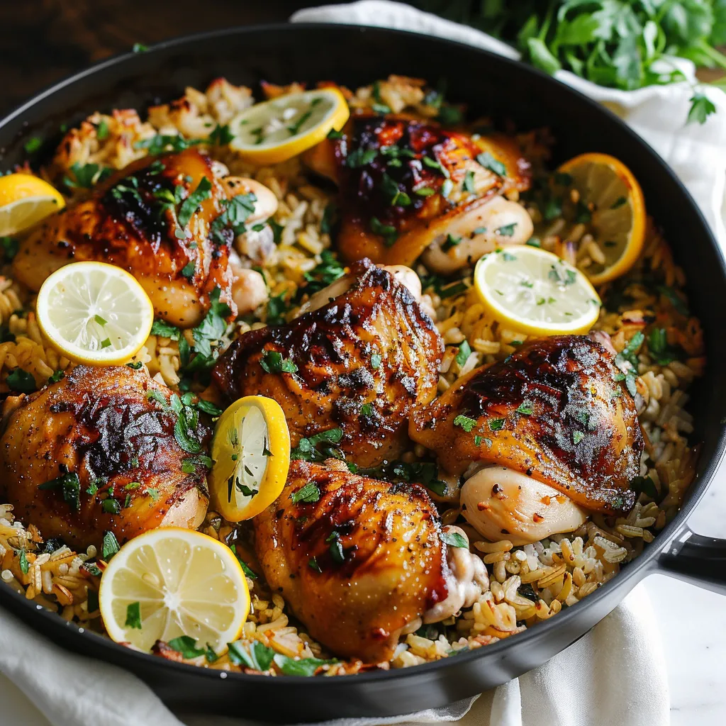 A pan of rice with chicken and lemon slices.