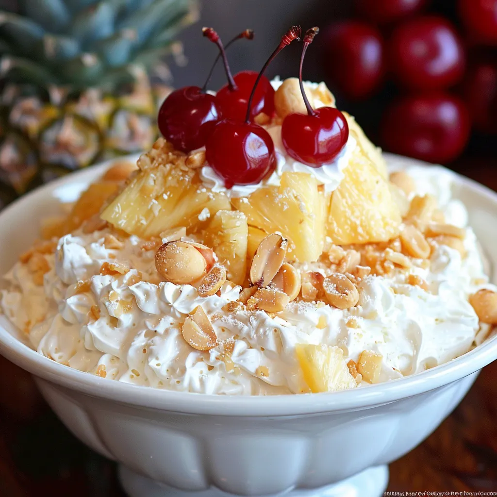 A bowl of pineapple and cherries.