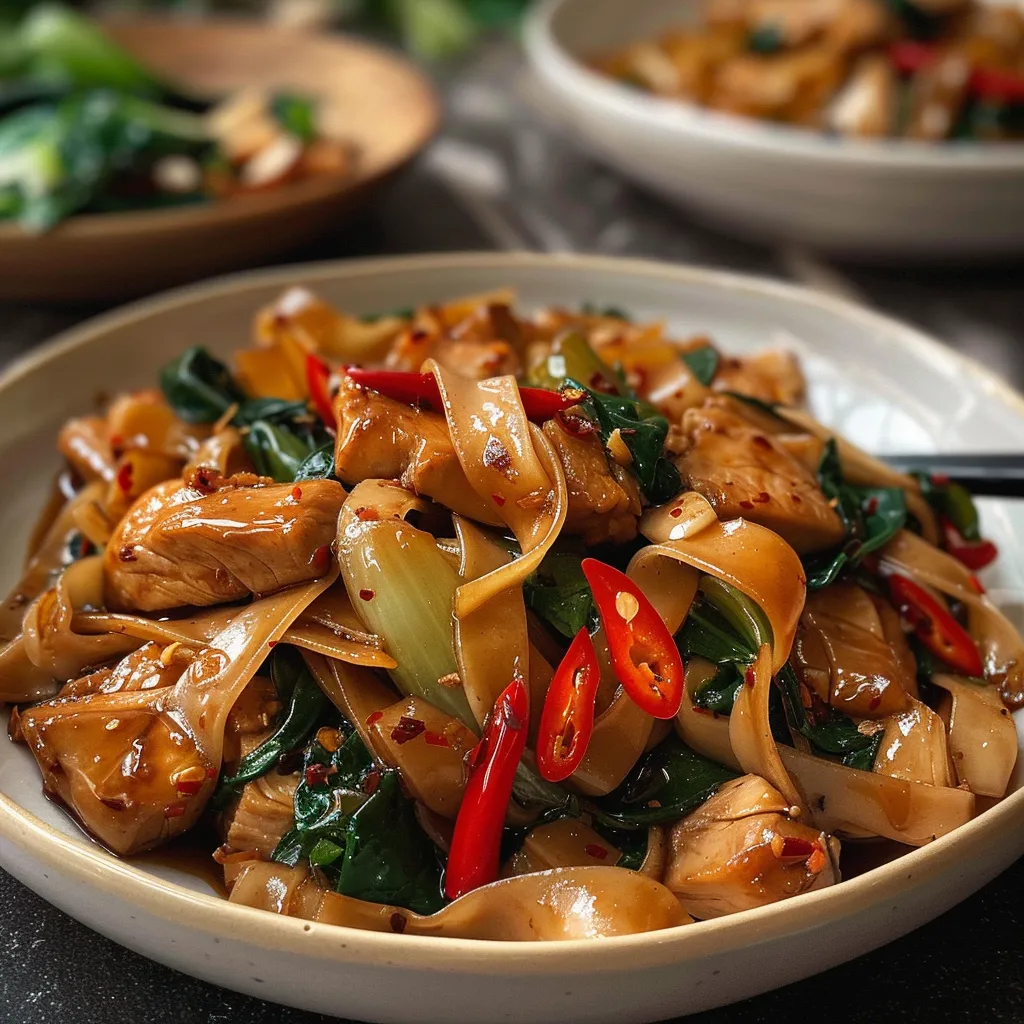 A dish with chicken, bok choy, and colorful peppers.