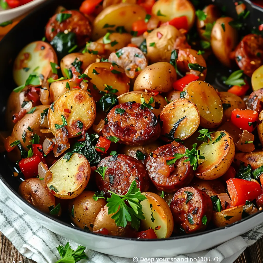A bowl of sausage and potatoes.