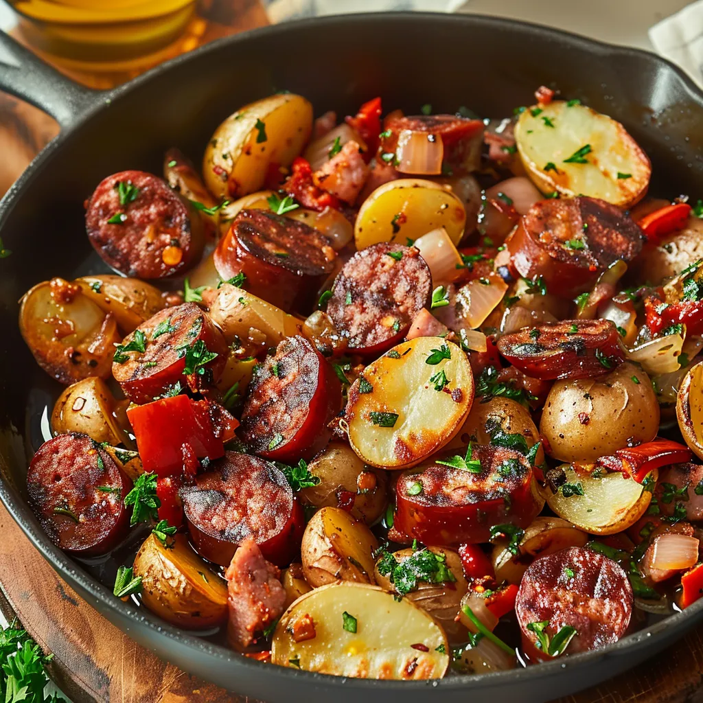 A pan of food with sausage, potatoes, and peppers.