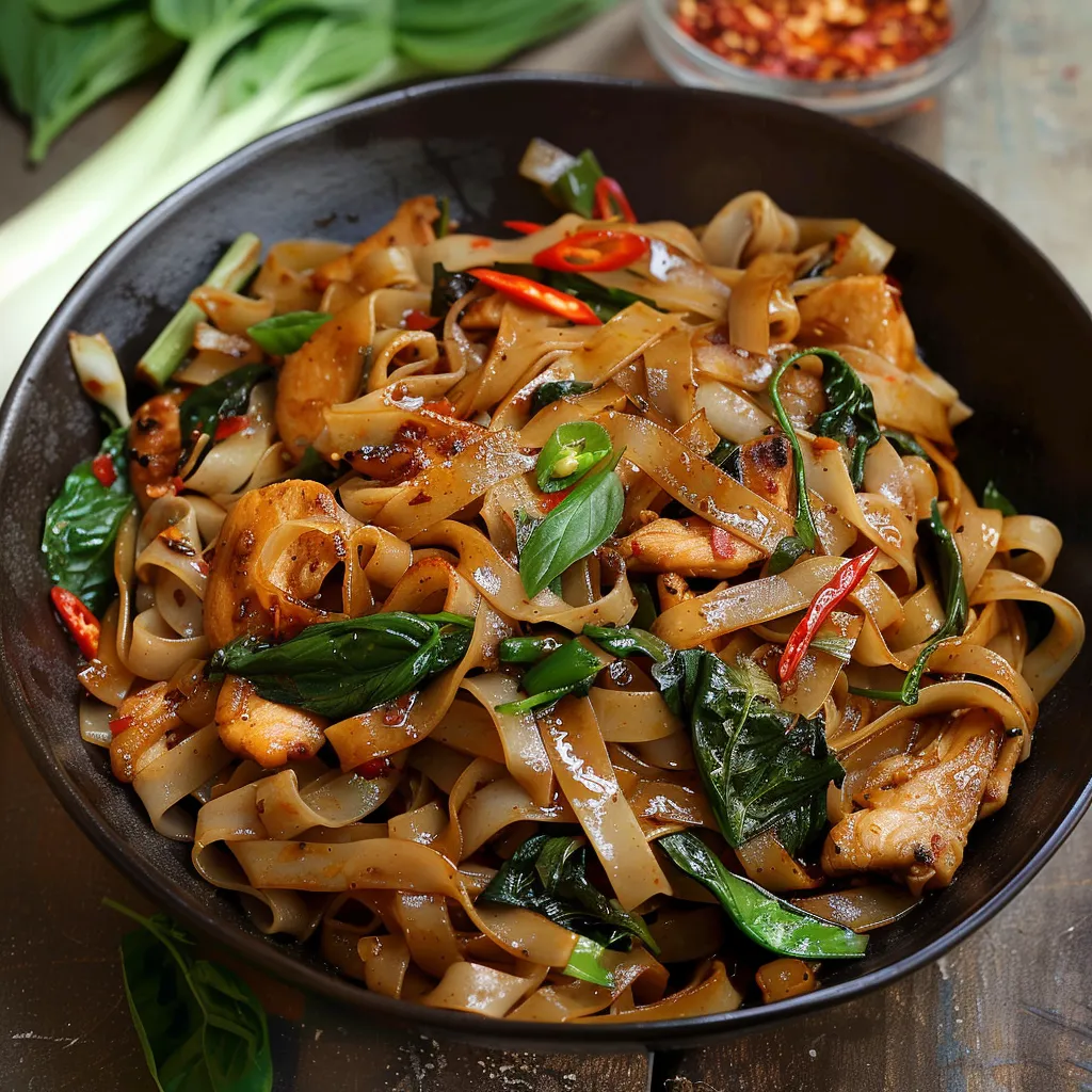 A bowl of noodles with chicken and vegetables.