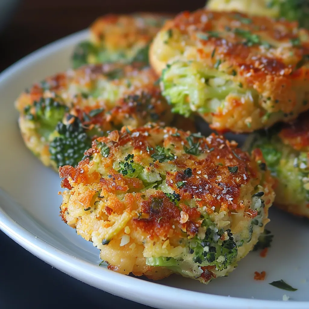 Crispy broccoli and cheese bites served on a plate.