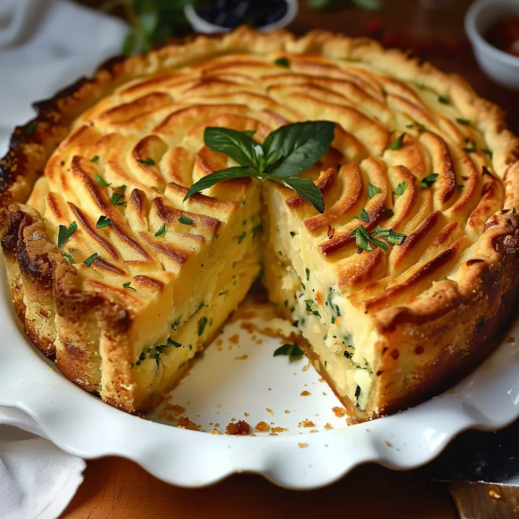 A slice of delicious golden pie garnished with a green herb.