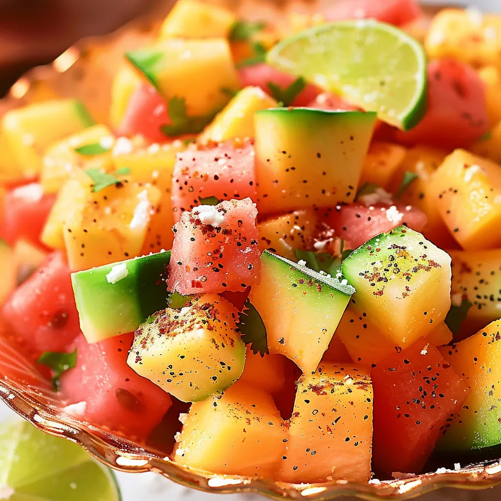 A colorful bowl of fresh fruits, like watermelon, lime, and more.