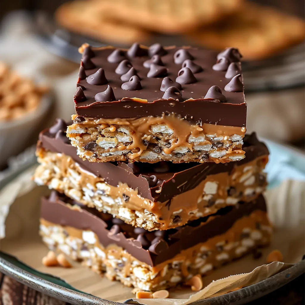 Stacked chocolate bars with marshmallows and peanut butter.