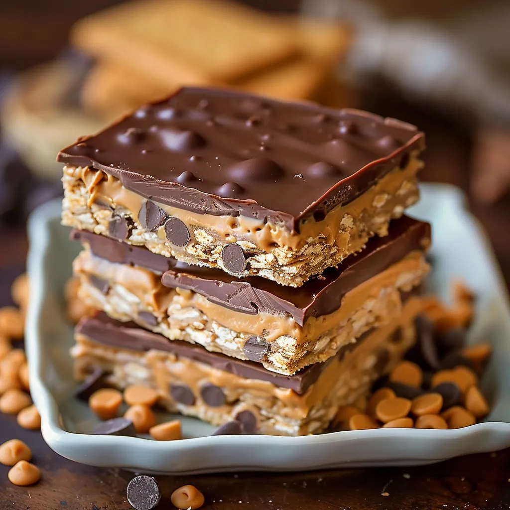 A plate of chocolate and peanut butter bars.