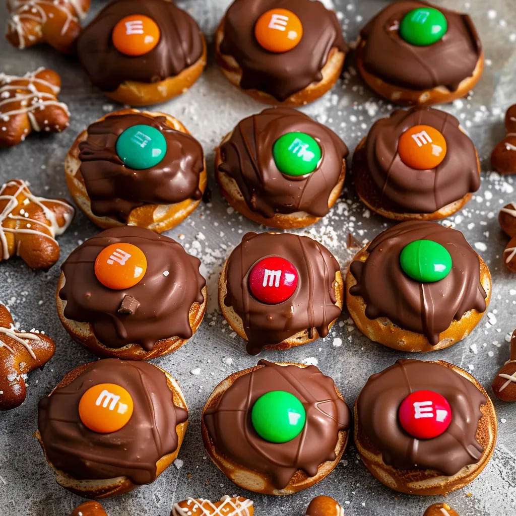 Colorful candies with chocolate and peanut butter on pretzels.