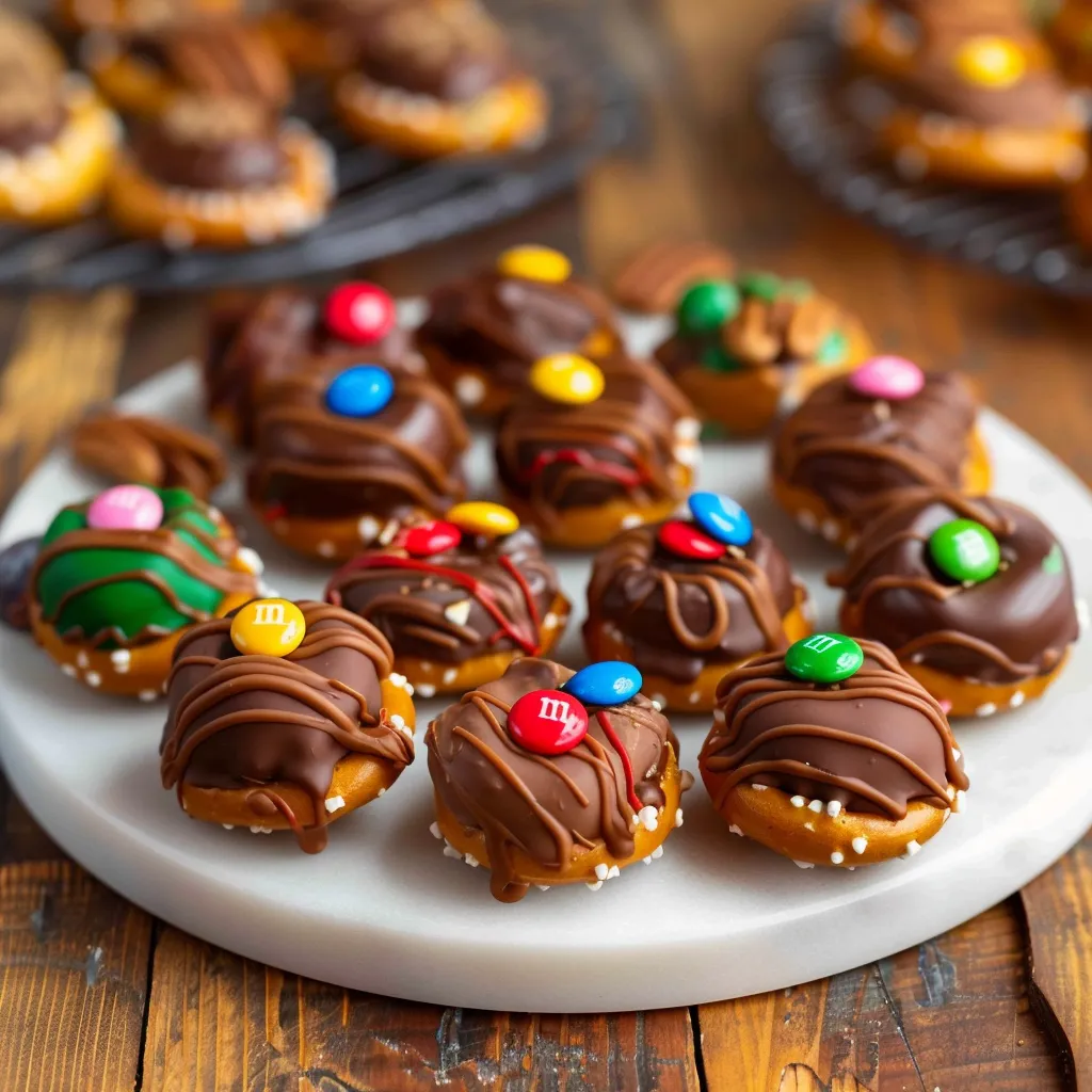 A plate of chocolate covered donuts with M&Ms.