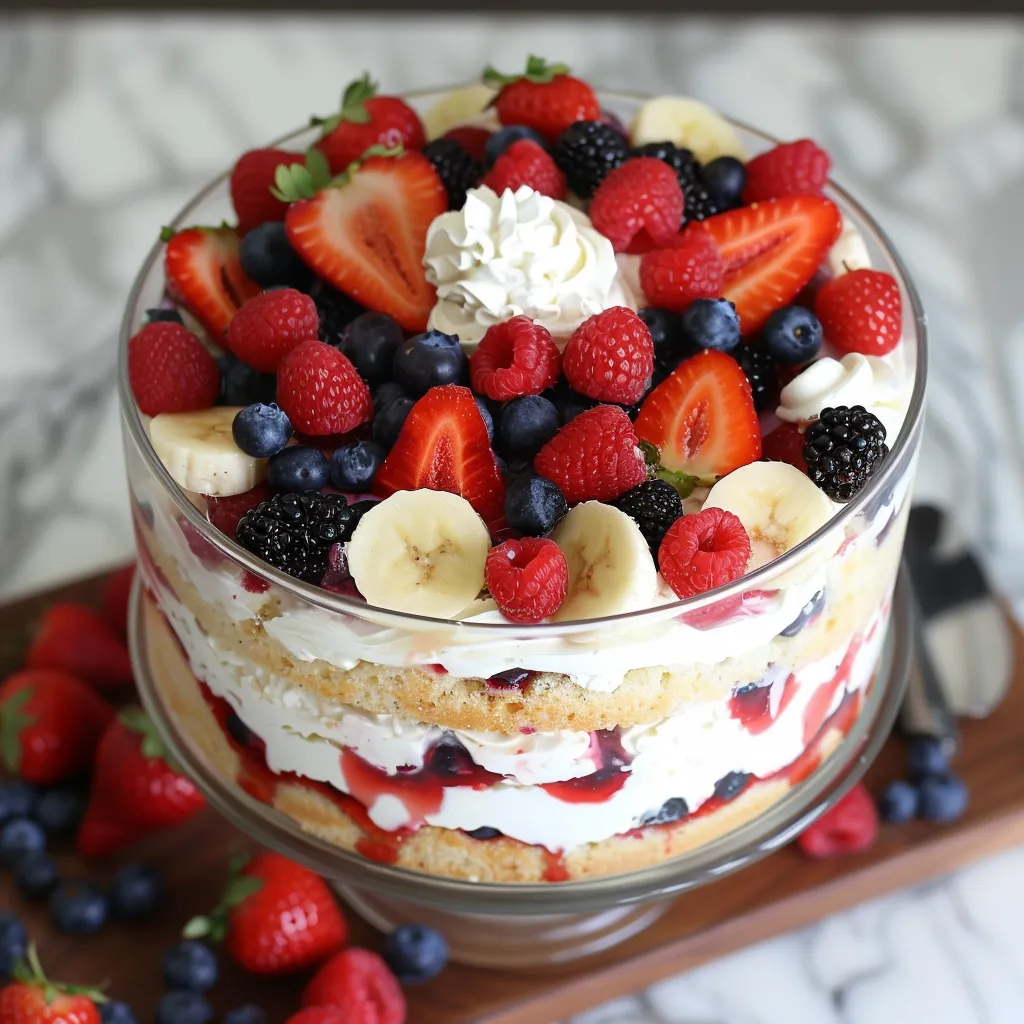 Soft cake topped with sweet strawberries and blueberries.